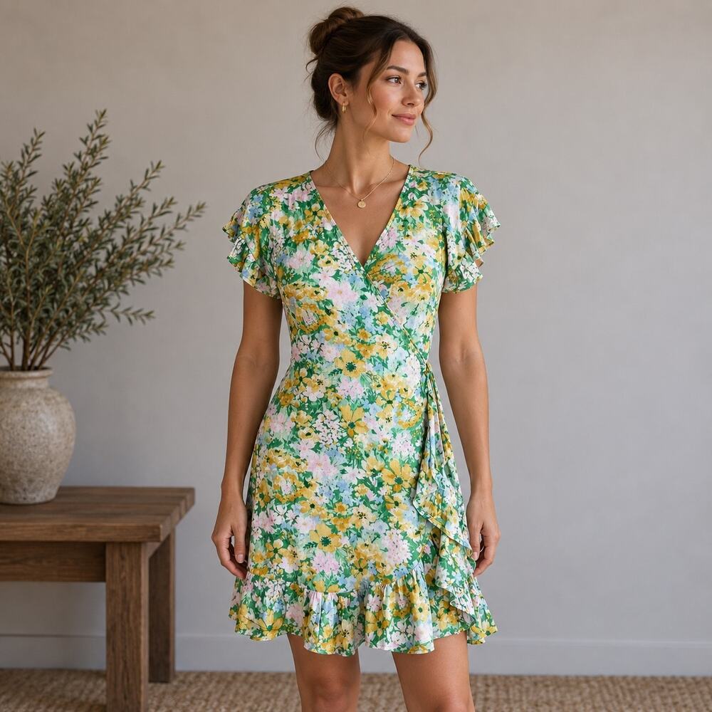 Billabong Green Orange Pink Floral Gauzy Wrap Dress NWT XS